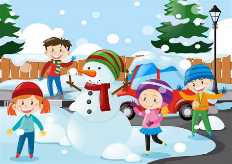 Cartoon Kids Playing In Snow