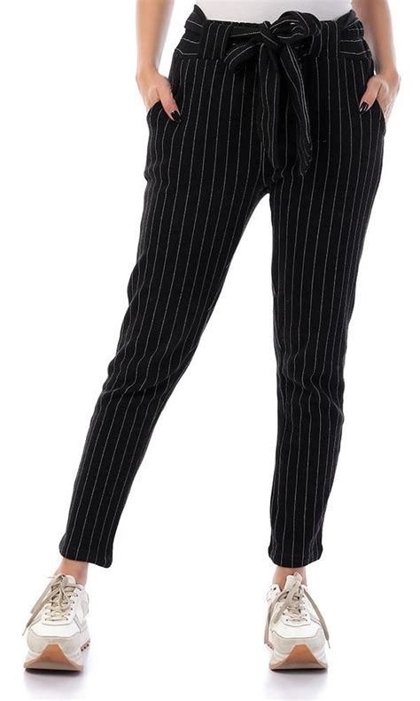 55610 Pinstripe Elastic Waist Black Pants In 2020 Black Pants