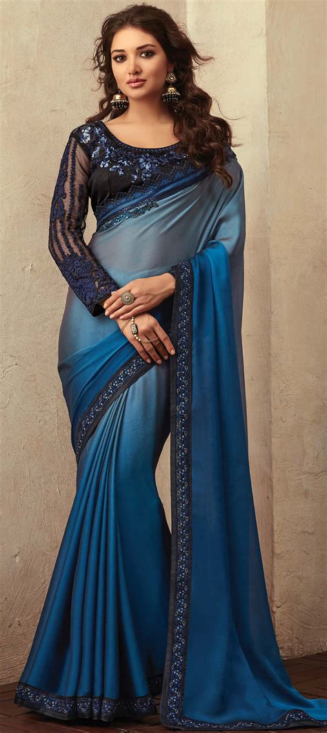 Bollywood Blue Color Chiffon Fabric Saree 1581653