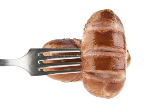 Fried Sausage On A Metal Fork Isolated On A White Stock Image Image