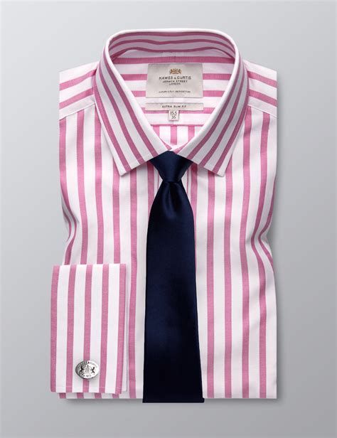 Men S Formal Pink White Stripe Extra Slim Fit Shirt Double Cuff