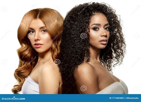 Multi Ethnic Beauty Caucasian And African Different Ethnicity Women On White Background