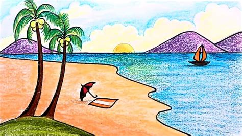 How To Draw A Sea Beach Scenery For Kids Step By Step Scenery Drawing