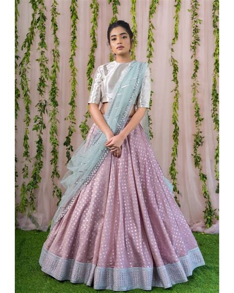 Stunning Lavender Color Pattu Lehenga And Silver Color Crop Top With