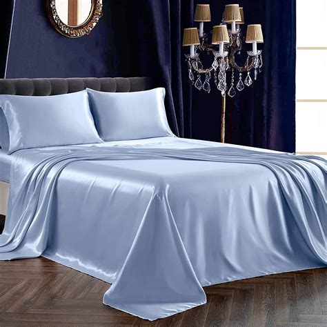 Amazon Com SiinvdaBZX Pcs Satin Sheet Set Queen Size Ultra Silky Soft Baby Blue Satin Queen