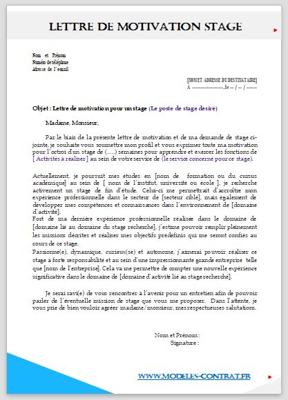 Lettre de motivation stage modèle gratuit  Modèle de Contrat