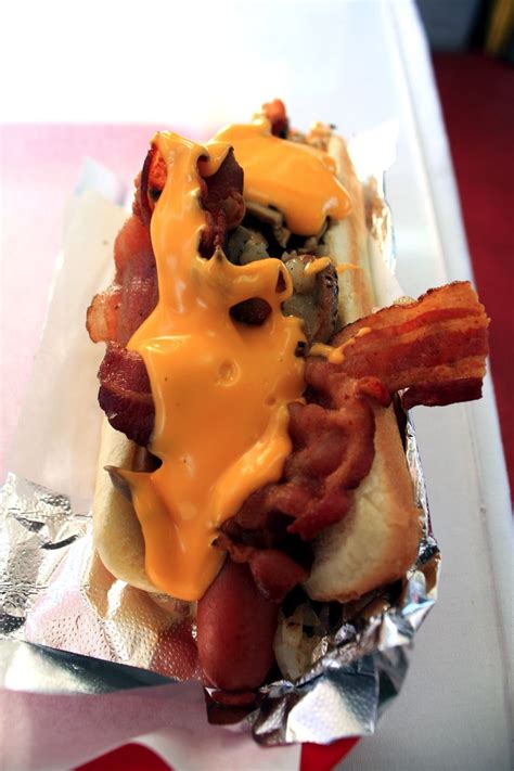 Mulholland Drive Dog At Pinks Hot Dogs Bacon Nacho Cheese And