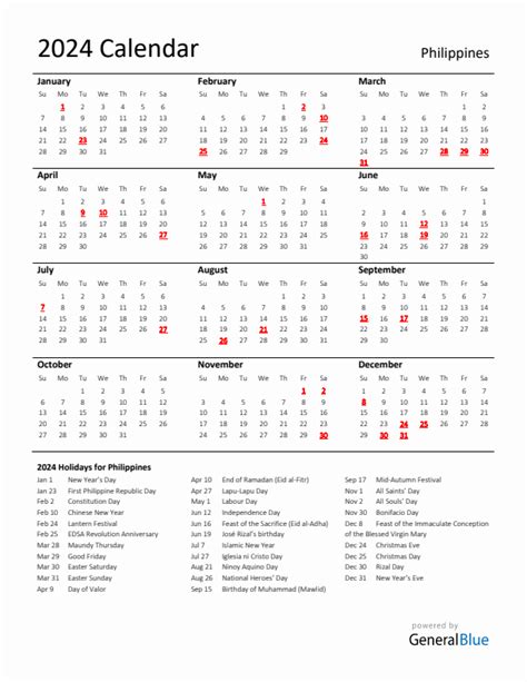 2024 Philippines Calendar With Holidays