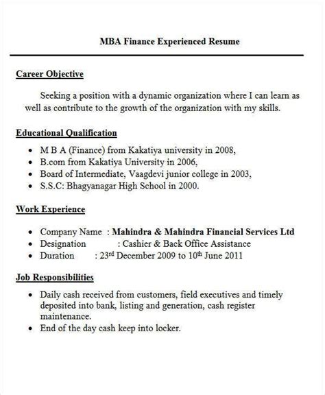 If you still want to download more sample resume formats for free? Download mba finance resume samples for experienced ...