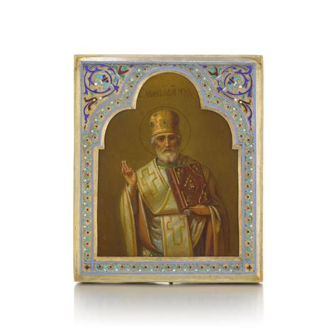 A Silver And Cloisonné Enamel Icon Of St Nicholas The Wonderworker