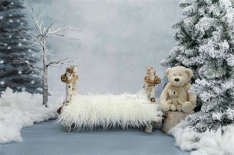 Digital Backdrop Background Newborn Babe Girl Baby Cream Christmas Winter Bed White Fur Bears