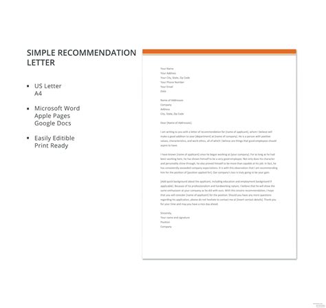 Simple Recommendation Letter Template In Microsoft Word Apple Pages