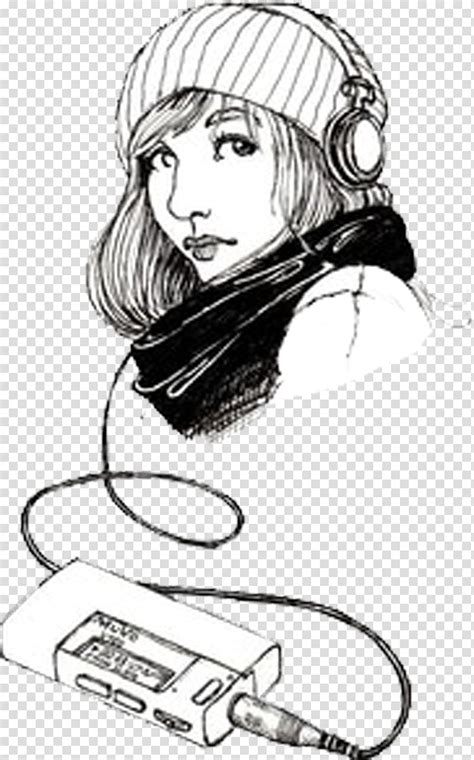 Headphones Cartoon Sketch Girl With Headphones Listening To Music