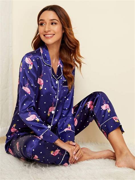Flamingo Print Polka Dot Satin Pajama Set Pajama Set Satin Pyjama Set Satin Pajamas