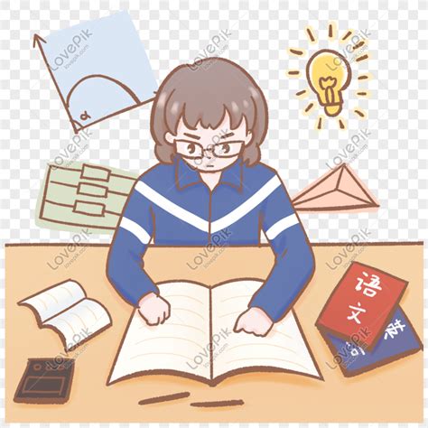 Cartoon Hand Drawn Female Student Studying Hard Png Free Download And