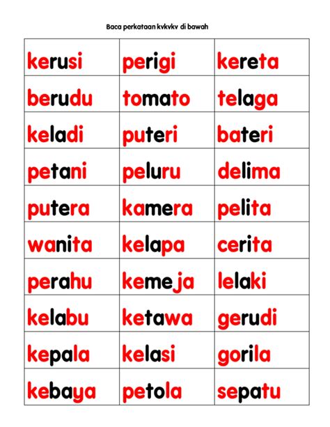 Bacaan Suku Kata Kvkvkv Latihan Bahasa Melayu Huruf Vokal Dan