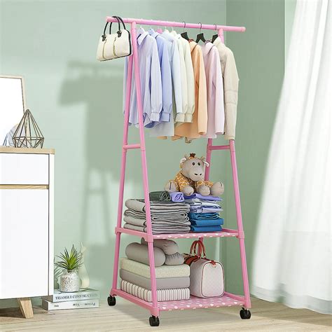 Clothes Laundry Rack On Wheels Garment Rack With 2 Hanging Rod And 2