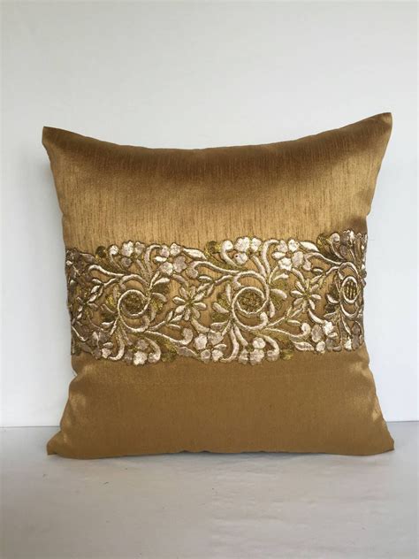 Gold Silk Decorative Pillow With Gold Stone Work Border Etsy