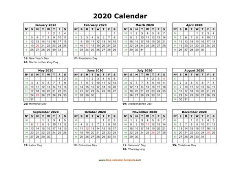 Calendar 2020 Big Numbers Calendar Printables Free Te