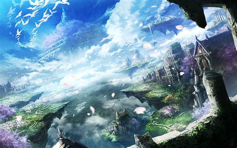 Hd Wallpaper Floating Island Clouds Anime City Birds Sky Fantasy