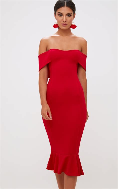 Red Bardot Frill Hem Midi Dress Dresses Prettylittlething Aus