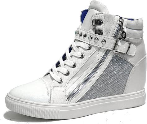 Itemtrend Womens White Silver Studded Strap Buckle Zip High Top