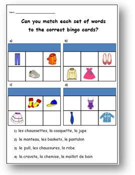 CLOTHES Bingo Game FRENCH PRINTABLE / Basic French Words Kids Worksheet ...