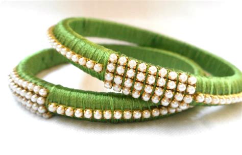 Pearl Bracelet Indian Bangles Green Silk Thread Bangles Etsy