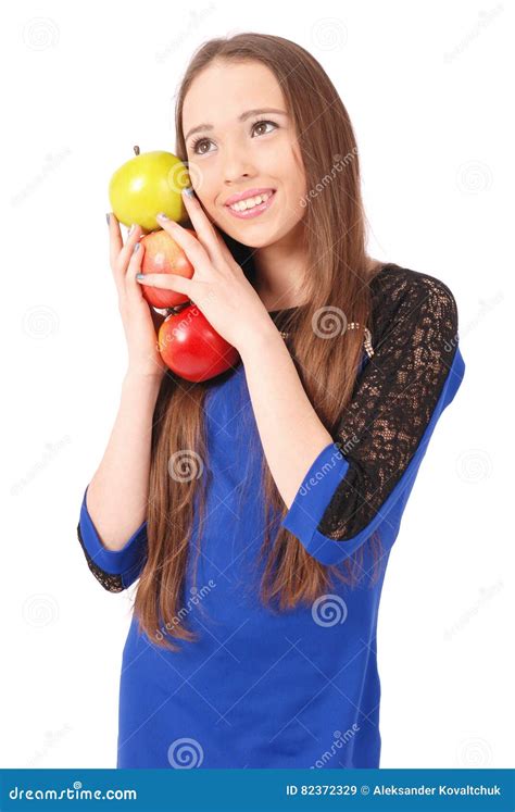 Young Smiling Brunette Girl Holding Three Apples Stock Image Image Of