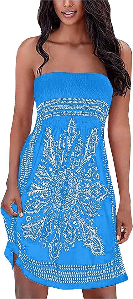 Ysfwl New Womens Casual Strapless Bandeau Dress Bohemian Beach Wraps Summer Mini Dress For