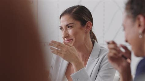 Happy Business Woman Crying Tears Of Joy Laughing In Boardroom Meeting