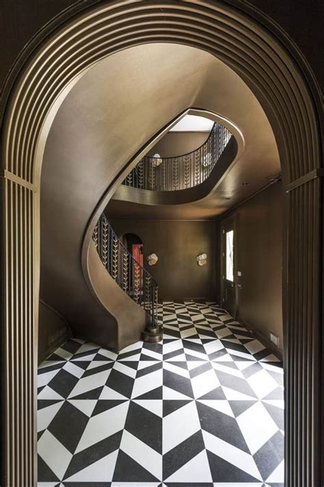 Art Deco Hallway With High Ceiling Metal Staircase Art Nouveau