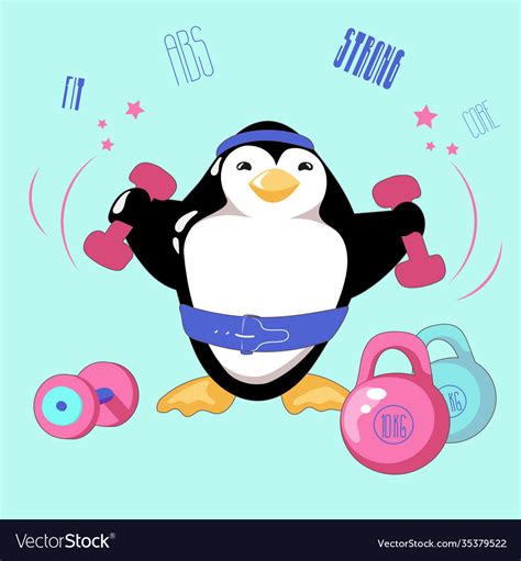 Strong Cartoon Penguin Keeps On With Workout Vector Image