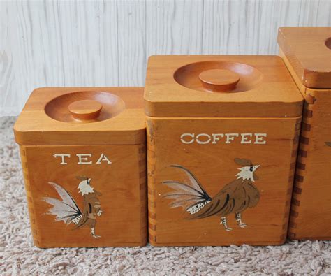 Vintage Wooden Canister Set With Lid Painted Rooster Design Wood