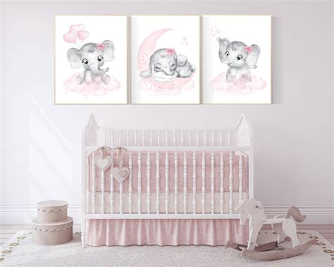 Nursery Wall Art Girl Elephant Pink And Grey Nursery Decor Girl Pink Moon Stars Nursery