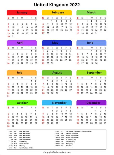 Printable Calendar 2022 United Kingdom Best Printable Calendar