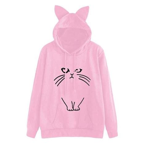 Harajuku Ear Cat Women Hoodies Sweatshirt Cute Tops Pink Winter Patter