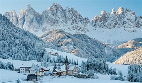 The Small Village In Dolomites Mountains In Winter Stock Photo