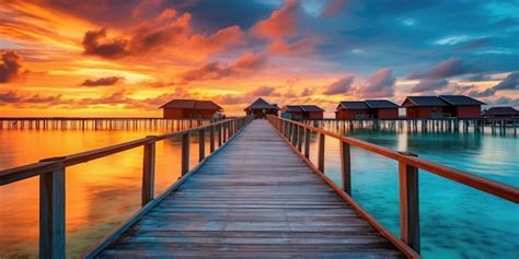 Premium Ai Image Sunset On Maldives Island Luxury Water Villas Resort