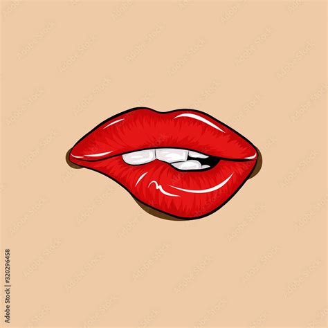 bite sexy lips drawing red lips biting retro icon isolated on skin color background vector