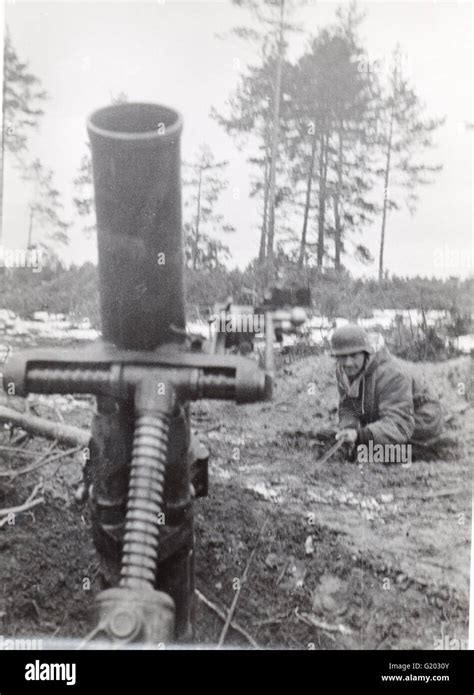 German Soldier About Fire A 12cm Mortar Eastern Front 1944 Stock Photo