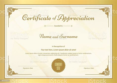 Certificate Of Appreciation Template With Vintage Gold Border Stock