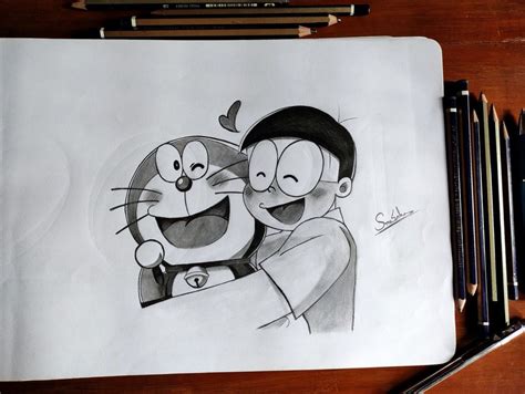 A Drawing Of Two People Hugging Each Other On A Piece Of Paper With