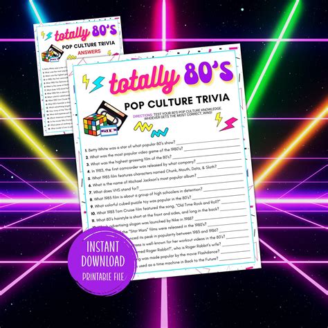 80s Trivia Game Totally 80s Pop Culture Trivia Printable Game 80s Theme