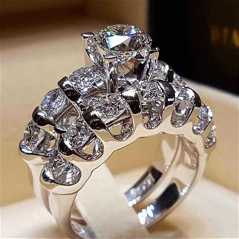 Buy Cute Fashion Luxury Female Crystal Zircon Ring Set Boho 925 Silver Wedding