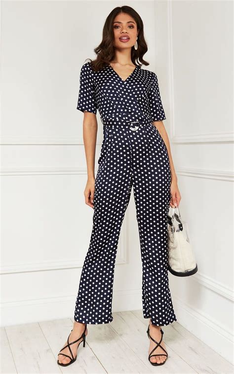 Short Sleeve Wrap Jumpsuit In Navy Polka Dot Bella And Blue