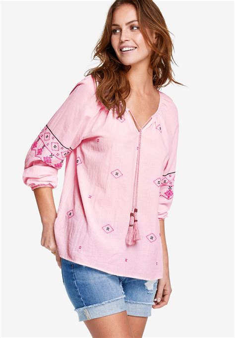 Embroidered Peasant Blouse by ellos®| Plus Size Long Sleeve | Full Beauty