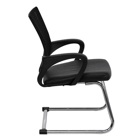 Black Mesh Side Reception Chair With Leather Seat And Sled Base By