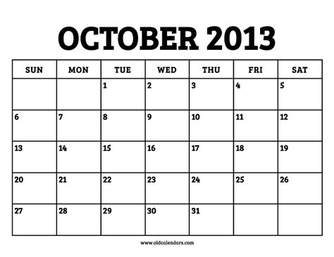 Calendar October 2013 Printable Old Calendars