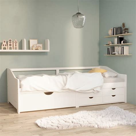 Evania Pine Wood Single Day Bed With Drawers In White Furniture In